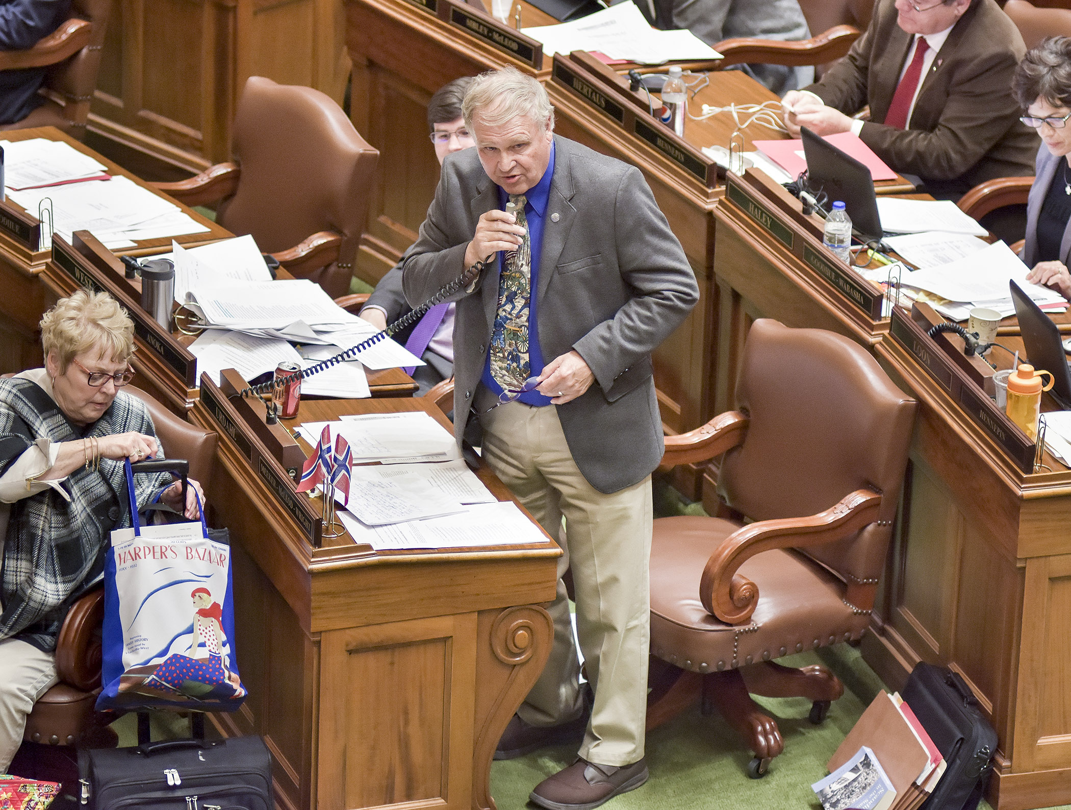 Rep. Dean Urdahl presents the bonding bill on the House Floor May 26.  Photo by Andrew VonBank